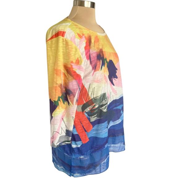 Ali Miles Bright Bold Color Abstract Knit/Chiffon Top LARGE Artsy Casual Comfy - Picture 4 of 10